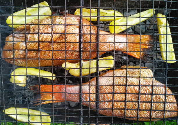 Two sea bass in a wire rack are grilled with green peppers.
