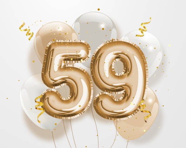 illustrazioni stock, clip art, cartoni animati e icone di tendenza di buon 59 ° compleanno palloncino in foil d'oro sfondo di saluto. - numero 59