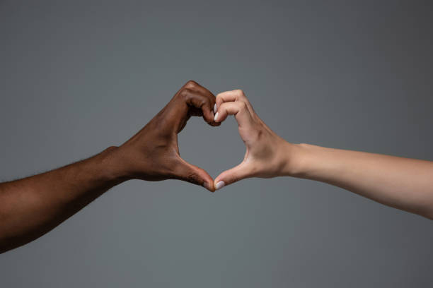 istock Racial tolerance. Respect social unity. African and caucasian hands gesturing isolated on gray studio background 1256488569