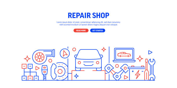 ilustrações, clipart, desenhos animados e ícones de reparar o estilo da linha web banner relacionada à loja. ilustração vetorial de design moderno para banner da web, cabeçalho do site etc. - exhaust pipe oil change auto repair shop car