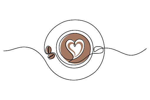 Coffee cup in continuous line art drawing style. Top view of cappuccino drink with heart shaped latte art and coffee beans on the saucer.  Vector illustration