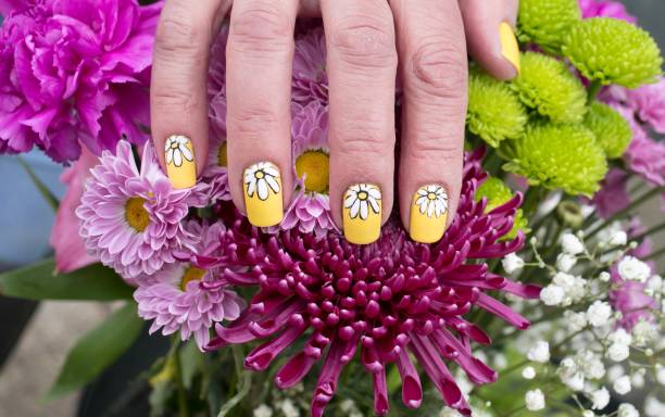 Daisy Flower Nail Art Design Summer inspired Art yellow nail polish stock pictures, royalty-free photos & images