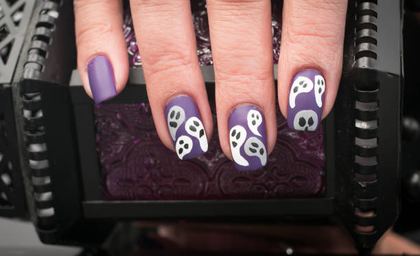 Scary Ghost Nail Art Design Halloween Inspired Art fall nail art stock pictures, royalty-free photos & images