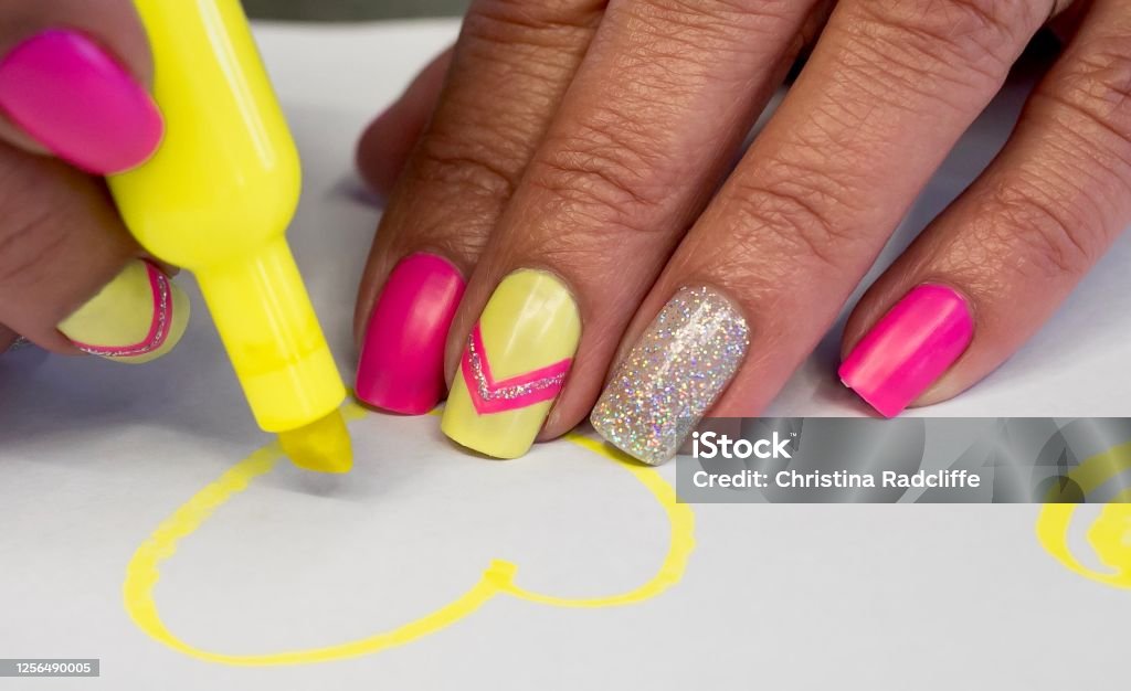 Neon Pink And Yellow Nail Art Design Stock Photo - Download Image Now -  Black Color, Neon Lighting, Acrylic Painting - iStock