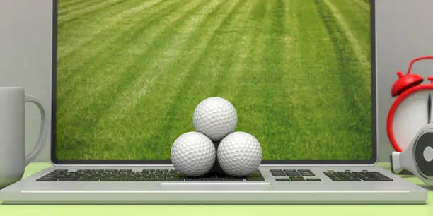 Photo of Golf balls on a computer laptop screen, office desk background. 3d illustration