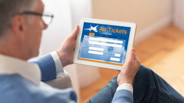 Guy Buying Flight Tickets Using Laptop At Home, Cropped, Collage Online Flight Booking. Black Guy Buying Air Tickets For Vacation Using Laptop Sitting On Sofa At Home. Cropped, Collage airplane ticket photos stock pictures, royalty-free photos & images