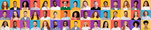 istock Collage of different real people portraits on studio backgrounds, panorama 1256497297