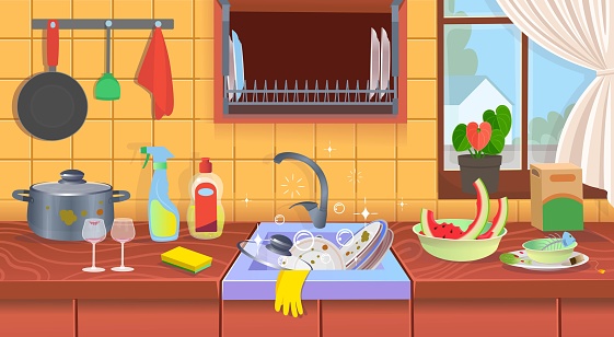 Kitchen Sink With Dirty Dishesdirty Kitchen A Concept For Cleaning  Companiesflat Cartoon Vector Illustration Stock Illustration - Download  Image Now - iStock