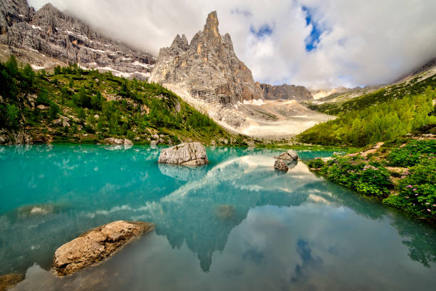 Turquoise Sorapis Lake near Cortina d'Ampezzo, with Dolomite Mountains and Forest - Sorapis Circuit, Dolomites, Italy, Europe, summer picture.