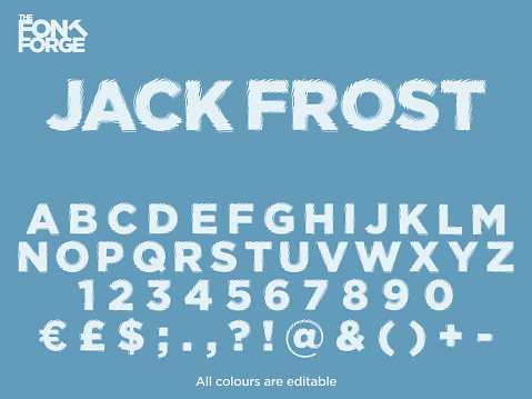 Jack Frost chromatic aberration distortion style font design, alphabet letters and numbers, vector illustration