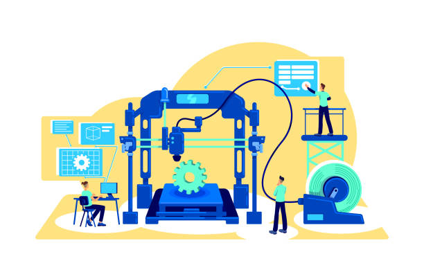 Process automation flat concept vector illustration Process automation flat concept vector illustration. Digitalization of factory machinery. Digital transformation. Manufacture 2D cartoon characters for web design. Automatization creative idea flowchart symbols programming stock illustrations