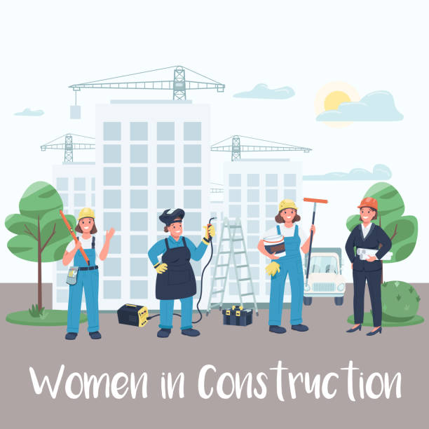 Female building site workers social media post mockup Female building site workers social media post mockup. Women in construction phrase. Web banner design template. Booster, content layout with inscription. Poster, print ads and flat illustration construction hiring stock illustrations