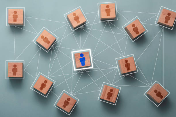 木製立方體塊列印螢幕人圖示,連接連接網路的組織結構社交網路和團隊合作的概念。 - 組織 個照片及圖片檔