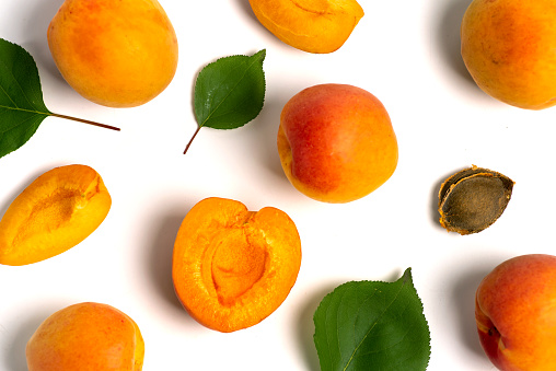 Ripe Apricot fruit isolated on white background isolated top view flat lay