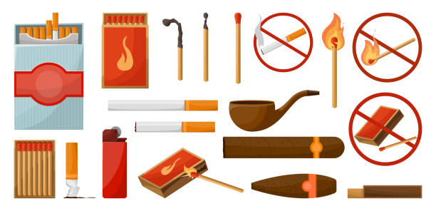 istock Matches and cigarettes big set. Smoke. Burning match with fire, opened matchbox. Lights. Sign no fire. Vector illustration cartoon style isolated on white background. 1256512807