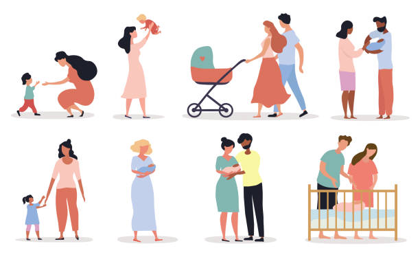 Eight different scenes depicting Motherhood Eight different scenes depicting Motherhood showing parents with babies and mothers with kids, colored vector illustration crying baby cartoon stock illustrations