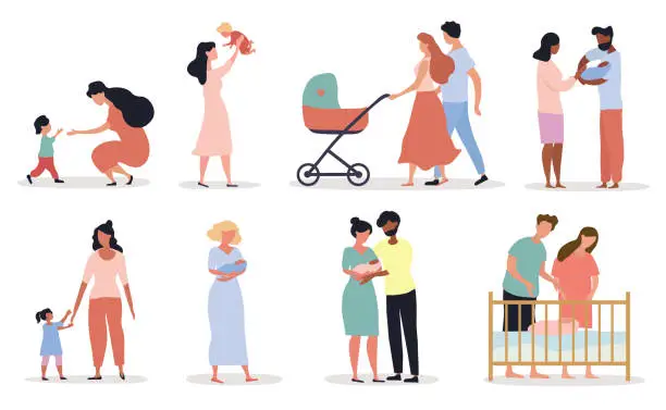 Vector illustration of Eight different scenes depicting Motherhood