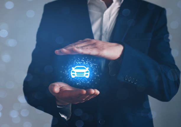 hand of businessman with protective gesture and icon of car. car insurance or automobile concept. - car insurance insurance agent damaged imagens e fotografias de stock