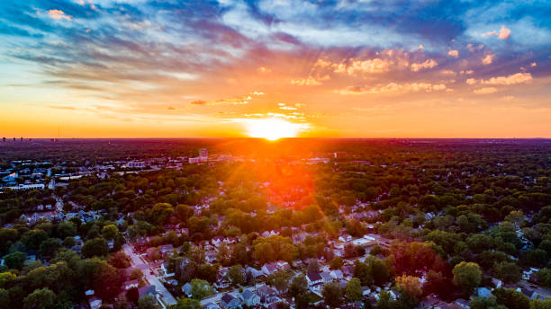 An aerial view of sunset over the suburbs of Southeast Michigan stock photo