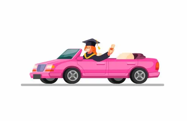 Vector illustration of Girl wearing graduation gown and riding car Academy Celebration with limousine car concept in cartoon illustration vector on white background