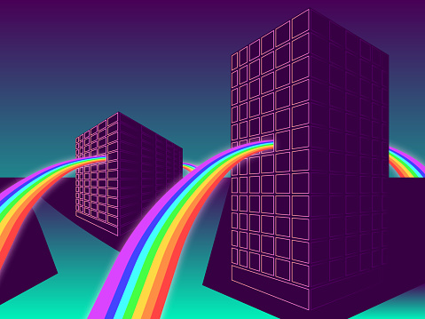 Minimalist three-dimensional vector illustration - Rainbow passing through the houses.