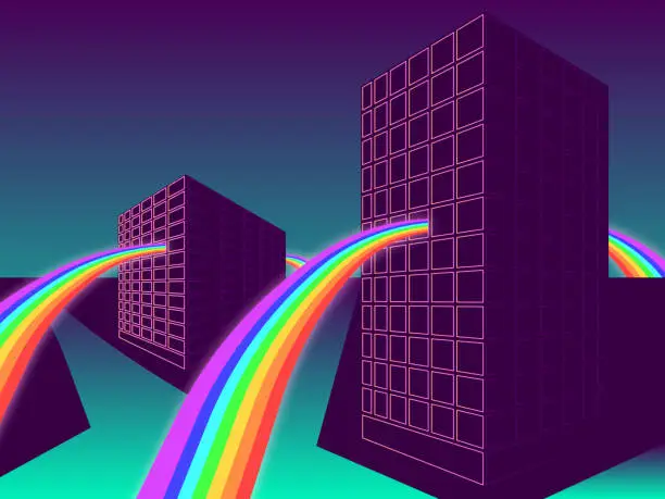 Vector illustration of Rainbow passing through the houses.
