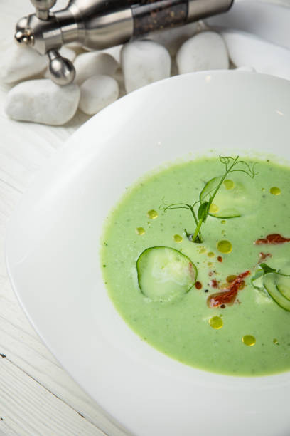 istock Cold okroshka soup. On a wooden table 1256522117