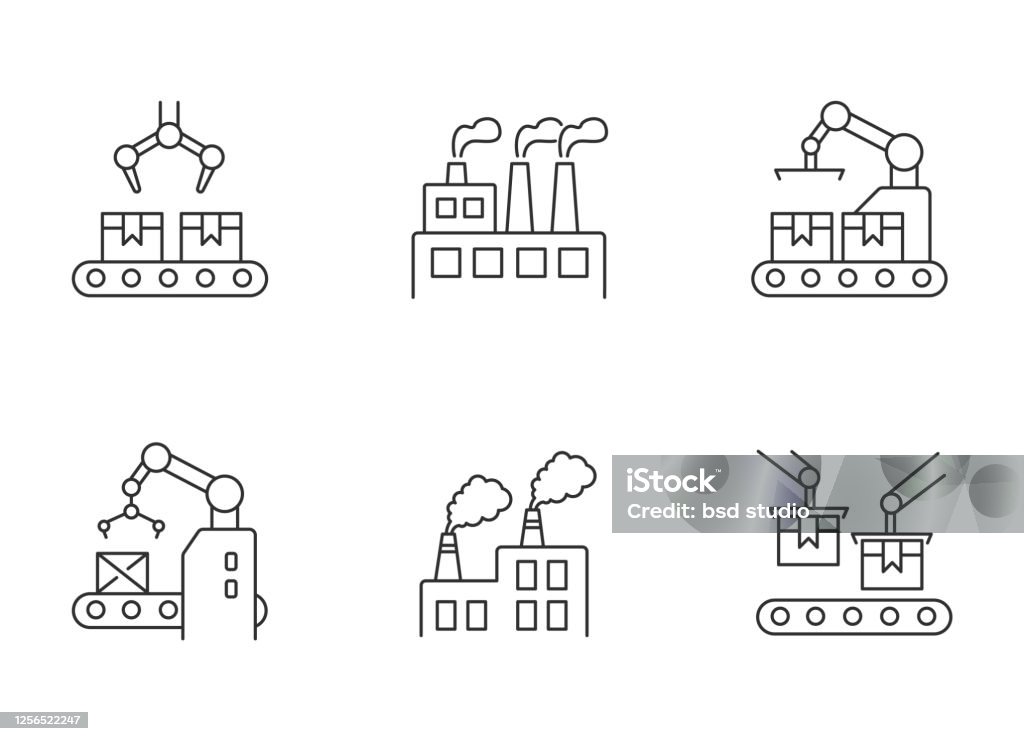 Fabriksproduktion pixel perfekt linjära ikoner uppsättning - Royaltyfri Ikon vektorgrafik