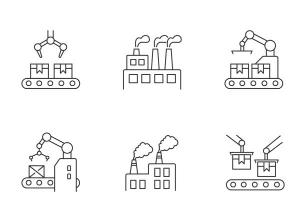 Factory production pixel perfect linear icons set Factory production pixel perfect linear icons set. Plant conveyor belt with boxes. Merchandise package. Customizable thin line contour symbols. Isolated vector outline illustrations. Editable stroke factory stock illustrations