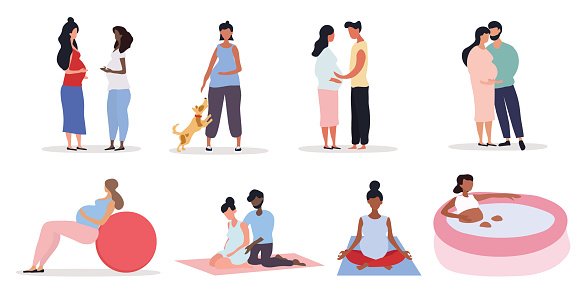 Pregnancy concept with a pregnant woman doing assorted activities chatting to friends, exercising, meditating and as couples, colored vector illustration