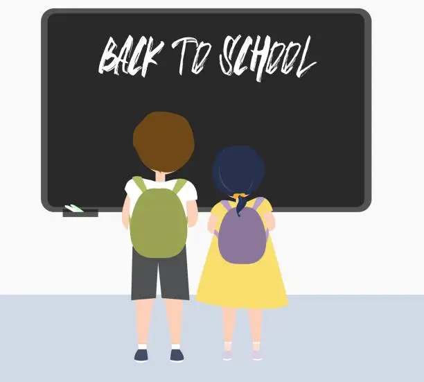 Vector illustration of Happy Back to School. Two kids in front of blackboard.