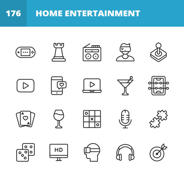 홈 엔터테인먼트 라인 아이콘. 편집 가능한 스트로크. 픽셀 완벽한. 모바일 및 웹용. 게임 콘솔, 체스, 라디오, 온라인 비디오, 스트리밍, 데이트, 테이블 축구, 카드, 와인, 파티, 퍼즐, 주사위, 텔 - internet dating audio stock illustrations