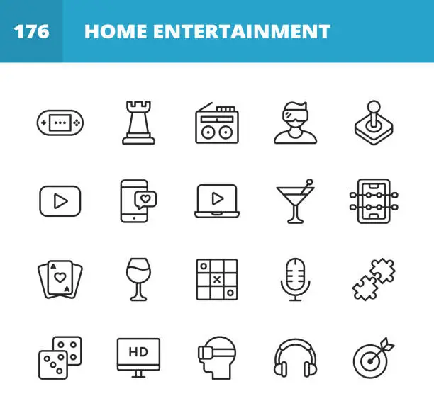 Vector illustration of Home Entertainment Line Icons. Editable Stroke. Pixel Perfect. For Mobile and Web. Contains such icons as Gaming Console, Chess, Radio, Online Video, Streaming, Dating, Table Football, Card, Wine, Party, Puzzle, Dice, Television, Movie, Virtual Reality.