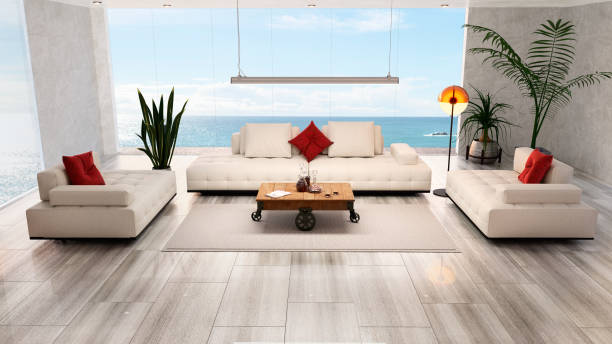 istock 3D render top view of living room with white couch. 1256524236