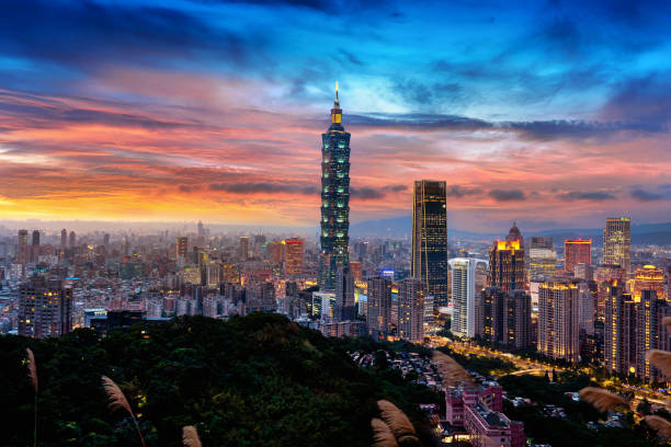 istock Taiwan skyline, Beautiful cityscape at sunset. 1256525745