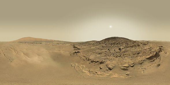 The images for panorama obtained by the rover's 34-millimeter Mast Camera of  Mars Curiosity Rover. The mosaic includes 139 images taken on Sol 610 (April 24, 2014): https://mars.nasa.gov/msl/multimedia/raw-images/?mission=msl&begin_sol=610&end_sol=610 The sky and sun are photoshopped, and about 30% of the ground is retouched.