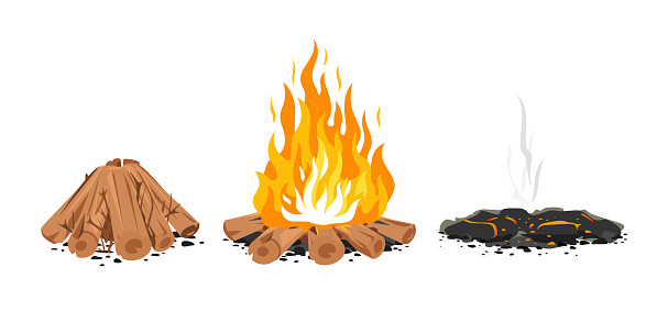 Set of three campfire stages isolated illustration, firewood ready for fire, campfire with long flames, ashes after the fire, stages of bonfire, ash and coal