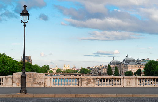 river Siene quai at summer day, view from the bridge, Paris, France