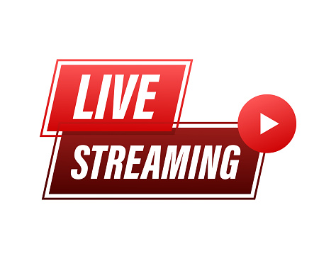 Live streaming flat logo - red vector design element with play button. Vector illustration.