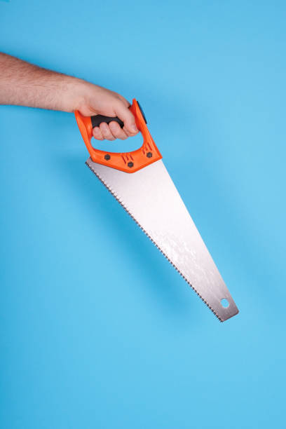istock Hand with handsaw, carpentry and construction tool. Isolated on blue background. 1256532151