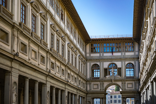 the Uffizi Gallery viewed from the street, Florence, Tuscany, Italy.