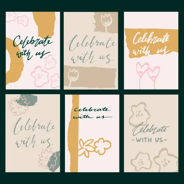 Vector illustration of Set of six colorful cards with stripes of scraped, rip paper, flower and text. Vector A5 format templates for greeting, wedding cards, posters, banners, invitations. CELEBRATE WITH US - text.