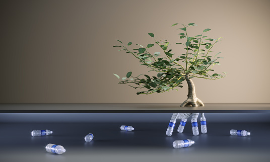 A plant with its root below the ground with the plastic bottles, symbolizing environmental pollution. (3d render)