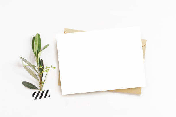 istock Feminine stationery, desktop mock-up scene. Blank horizontal greeting card, craft envelope and washi tape with green olive branch.White table background. Flat lay, top view. No people. 1256540616