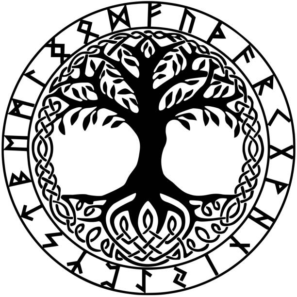 illustrations, cliparts, dessins animés et icônes de yggdrasil avec futhark dans le cercle rune - yggdrasil