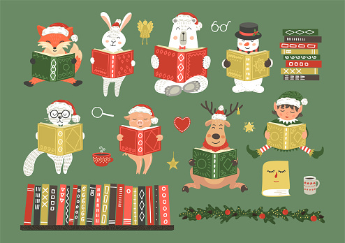 Christmas cute characters reading books. Set from cute fantasy hand-drawn elf, snowman and animals: cat, hare, fox, rabbit, pig, bear and deer. Children holiday's education illustration.