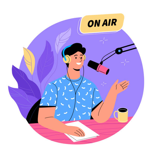 Podcast. Vector illustration of young man sitting in studio with headphones and microphone in trendy flat style. Isolated on background radio dj stock illustrations