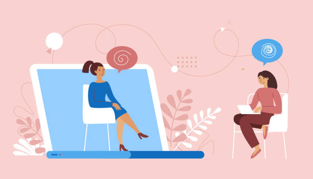 ilustrações de stock, clip art, desenhos animados e ícones de vector illustration in flat  simple style - online psychological help and support service - psychologist and her patient having video call using modern technology app - alternative therapy illustrations