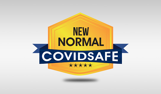 Text of New Normal covid safe on badge with covid 19 safe concept.