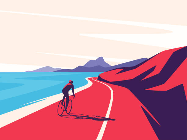 Vector illustration of a cyclist riding along the ocean mountain road Vector illustration of a cyclist riding along the ocean mountain road. bicycle backgrounds stock illustrations